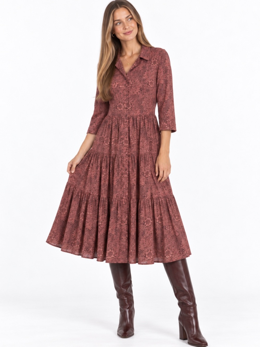 Morris & Co x H&M 6 William Morris Floral Tiered Midi Shirt Dress Burgundy Fall